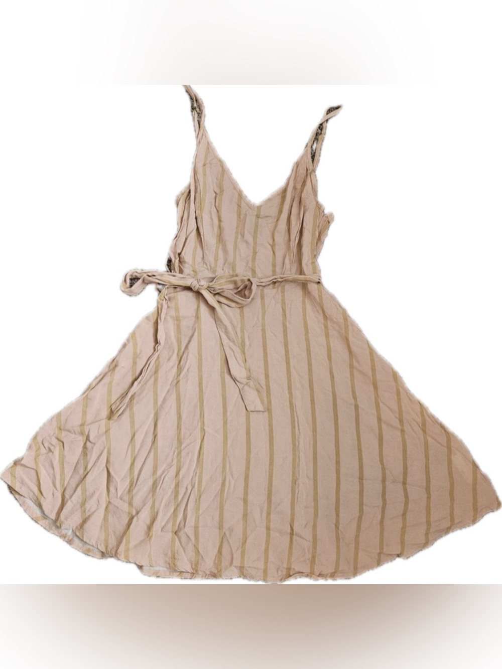 Forever 21 Beige Striped V‑Neck Midi Dress with Tie Waist